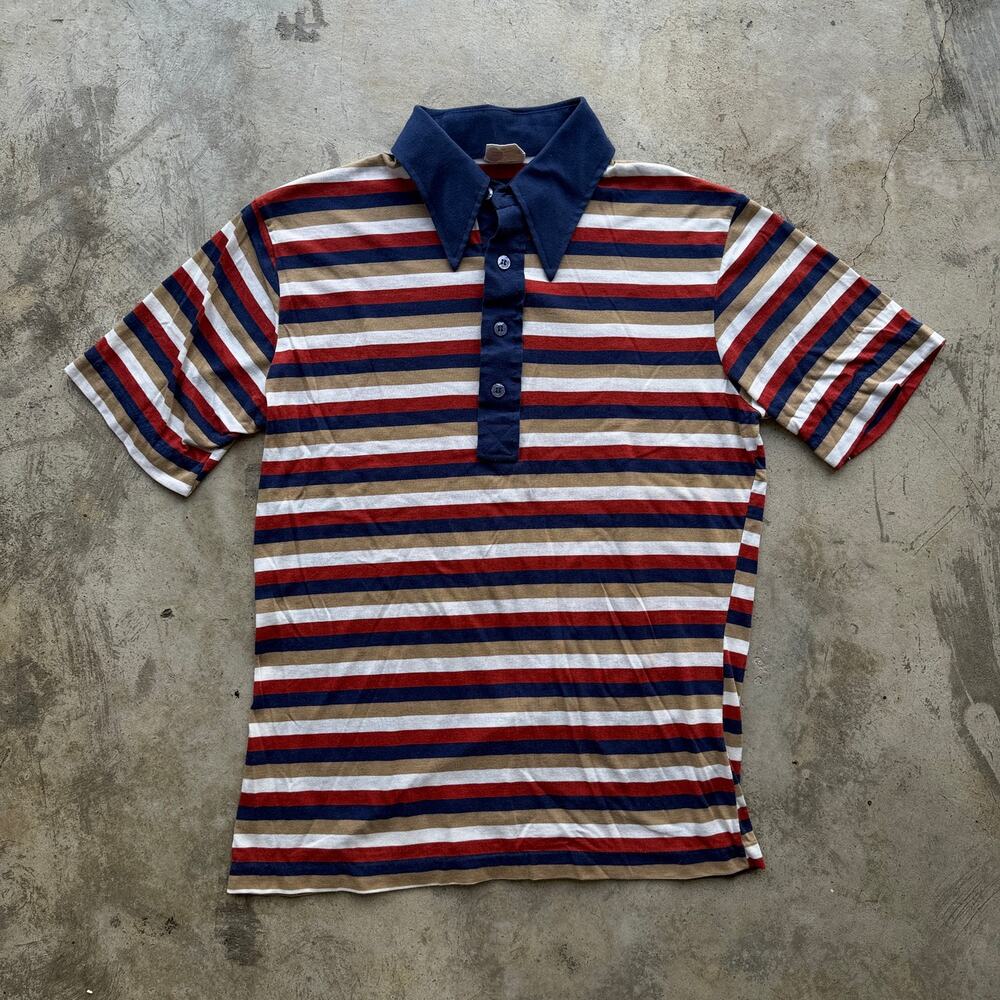Vintage 70s Kings Road Dagger Collar Stripe Polo Shirt L